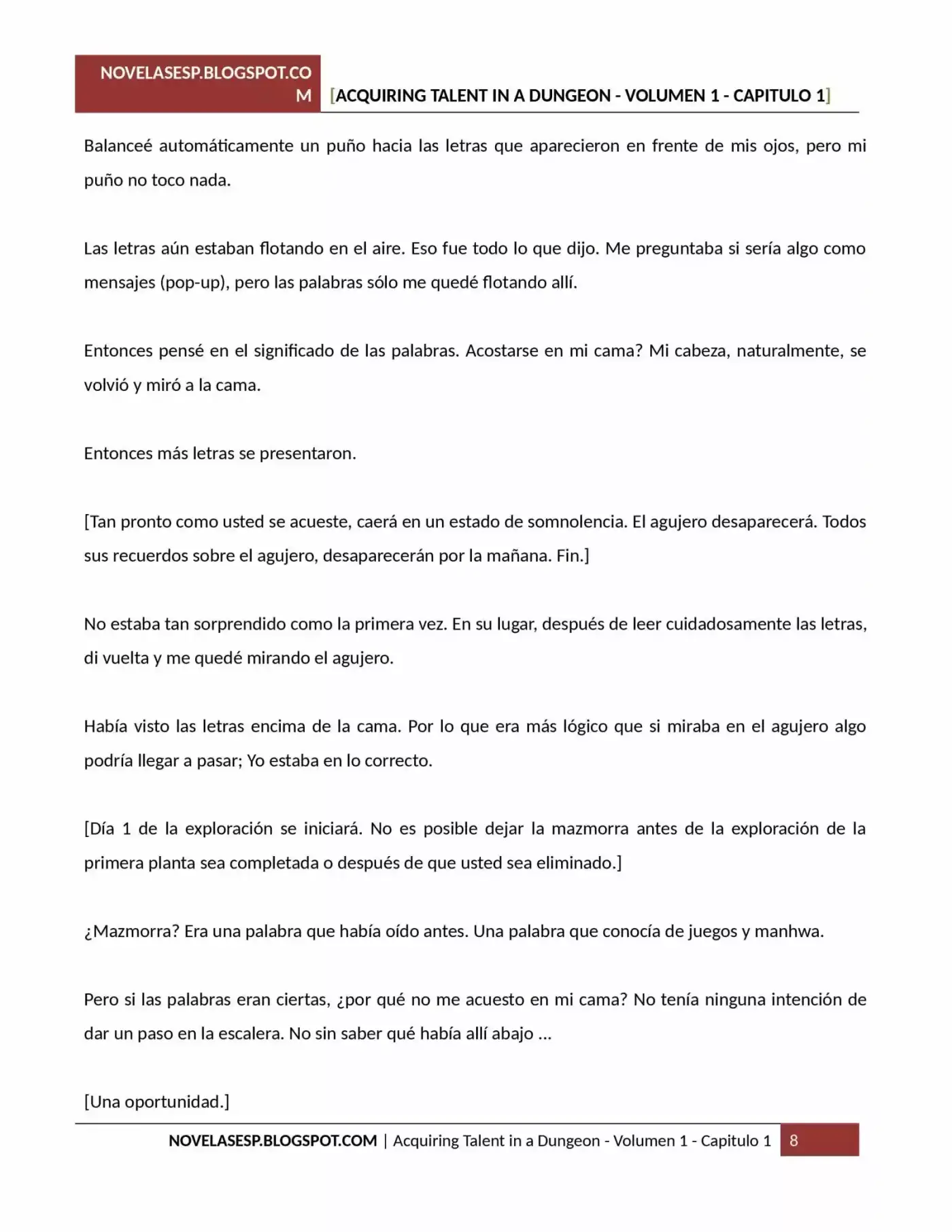 Acquiring Talent In A Dungeon (Novela) - Capítulo 1 - Página 8 - LectorTMOo