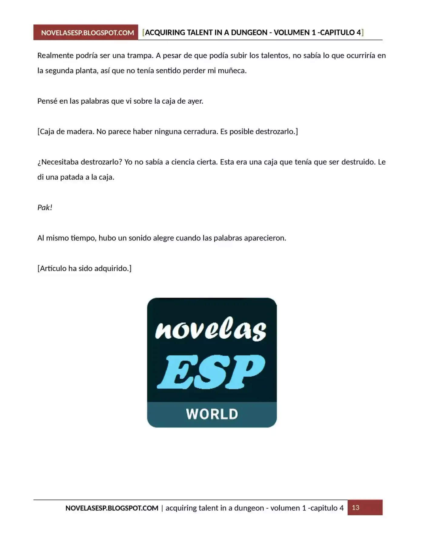 Acquiring Talent In A Dungeon (Novela) - Capítulo 4 - Página 13 - LectorTMOo
